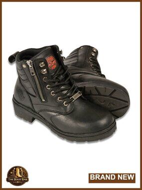 Wide Width Lace-Up Leather Motorcycle Boots Calf High Zipper Rider Boots